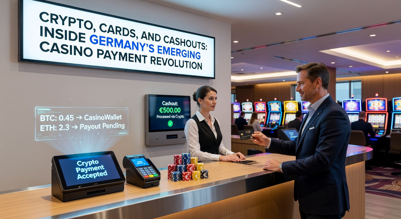 Illustration von Krypto-Transaktionen, Kartenzahlungen und Cashout-Prozessen in einem Casino-Umfeld